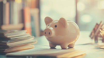 Aufkleber - Piggy bank surrounded by business items representing the concept of business and finance in a vintage color tone