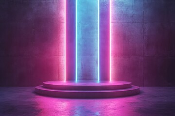 Empty Podium Display Stage Thunder Flash Sale Entertainment Advertise Neon Laser Fluorescent Sci Fi Light Glowing On Concrete Room Abstract with generative ai