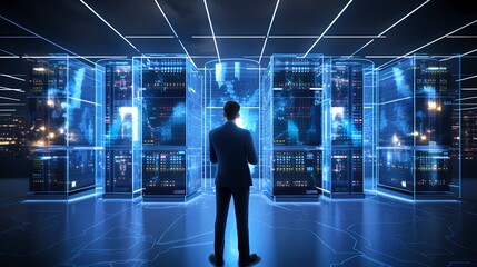 Futuristic digital cityscape with glowing lines and data servers