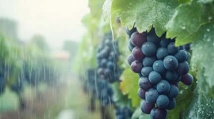 Poster - Lush vineyard rows feature ripe grapes glistening with raindrops as rain falls softly, nourishing the vines