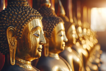 Serene and Golden: A Row of Buddha Statues Basking in the Warm Glow of a Temple's Light