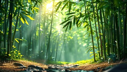 Wall Mural - On the edge of the lush bamboo forest, the sun shines through the bamboo leaves on the soft land, filling it with a fresh natural atmosphere.