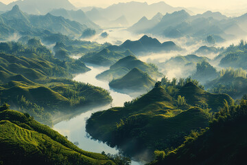 A Serene Landscape: Where Mist Meets Mountains and a River Winds Through Time.