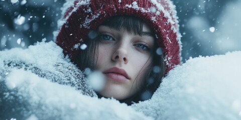 Wall Mural - Woman in Red Coat and Hat in Snow