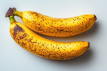 Two ripe bananas with spots on a light background.