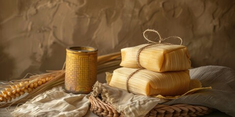 Sticker - Tamales Made with Corn Dough Accompanied by a Coffee Jar on a Textured Table Cover