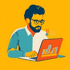 Poster - Flat style Character Analyzing Business Data on Laptop for Strategizing and Planning