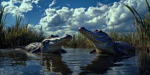 Poster - Two alligators in water with cloudy sky