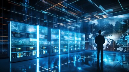 Futuristic digital cityscape with glowing lines and data servers