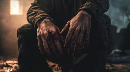 A man with his hands on his knees, one of his hands has a large cut on it