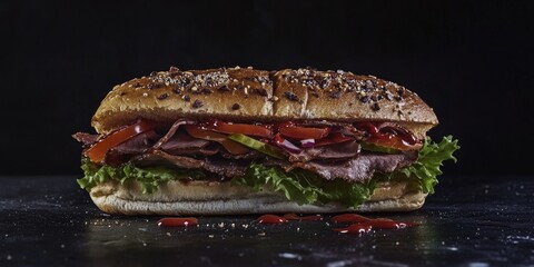 Canvas Print - Sandwich with Meat, Lettuce, Tomato, and Ketchup