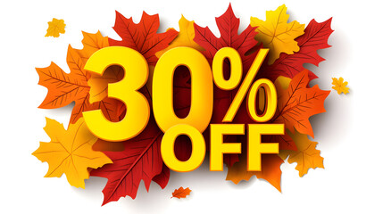 Bold 30 percent off paper-cut text filled with autumn maple leaves texture against white background