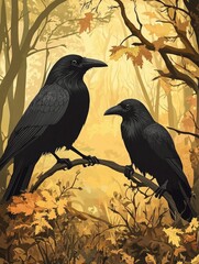 Wall Mural - Black birds on forest branch