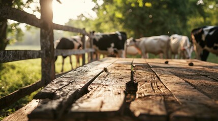 Wall Mural - empty table table top with blur background of dairy cow farm, Advertisement, Print media, Illustration, Banner, for website, copy space, for word, template, presentation