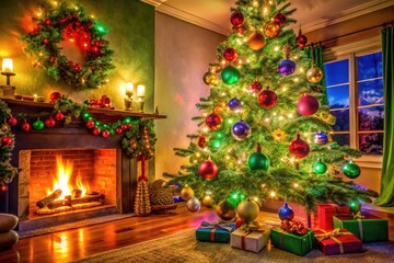 Wall Mural - A Vibrant Christmas Scene With A Festive Green Tree Adorned With Colorful Ornaments, Surrounded By Shimmering Lights And A Cozy Fireplace.