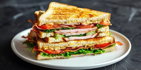 Poster - A clubhouse sandwich, commonly referred to as a club sandwich, consists of sliced bread stacked with cooked chicken, ham, crispy bacon, lettuce, tomato, and mayonnaise, often served in either quarters