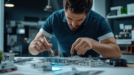 An architect is working on a model of a The structure of the Structure of the solar system structure creative digital blue tone neon