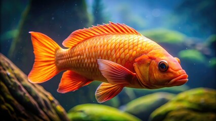 A vibrant orange wolf fish swims solo in a serene freshwater aquarium, its unique patterned scales and whisker-like barbels adding to its fearsome yet fascinating appearance.