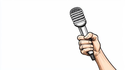 Bold Hand Holding Microphone in Clip Art Style on White Background for Presentations and Podcasts