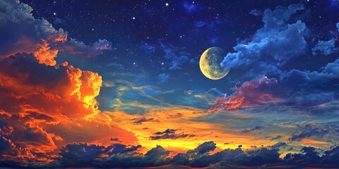 sunset with crescent moon