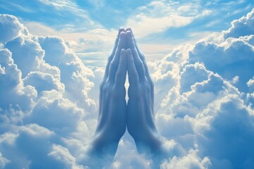 A banner depicting two hands clasped in prayer, set against a background of clouds and a blue sky, with an ethereal quality. Generative AI