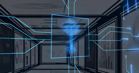 Poster - Digital circuit tree animating over futuristic hallway with multiple screens