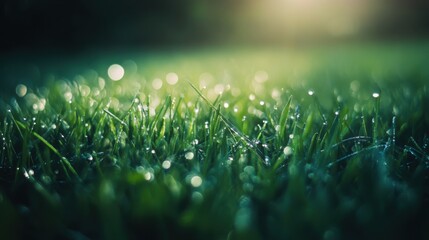 Wall Mural - A field of grass with dew drops on the grass