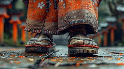 Closeup of Traditional Japanese Sandals with Floral Pattern, Worn on Stone Pathway