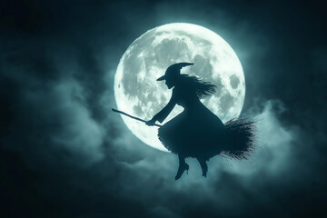 Wall Mural - witch on the broom flying over the moon