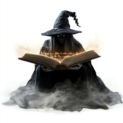 A witch flipping through a magical book, Halloween theme, with glowing text, dark and mysterious, isolated on white background