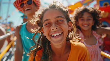 A vibrant scene of a group of friends or family enjoying a fun day at an amusement park or theme park, with a clean background and plenty of copy space for adventure content.