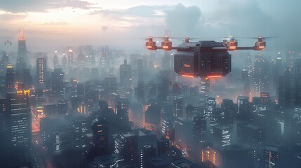 A futuristic image of a drone delivering packages over a cityscape, showcasing advanced aerial technology with clean background space for drone innovations.