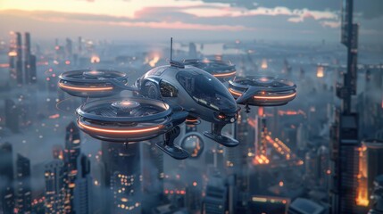 A futuristic image of a drone delivering packages over a cityscape, showcasing advanced aerial technology with clean background space for drone innovations.