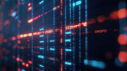 Abstract digital data visualization with glowing lines and binary code.