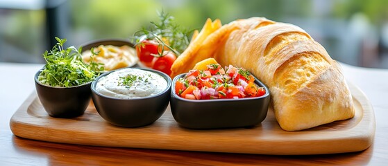 Closeup of artisan bread and homemade dips, presented on a natural wooden board.,