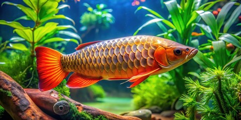 Vibrant orange and silver arowana fish swims in a well-maintained aquarium with lush green plants and colorful coral, creating a serene underwater scene.