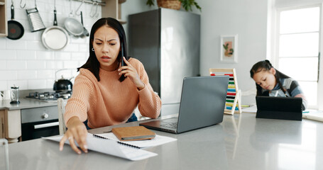 Poster - Woman, worry and phone call in home, child learning and paper for negotiation with bank in kitchen. Mother, frustrated and talking to consultant for help with audit, tablet and girl for education