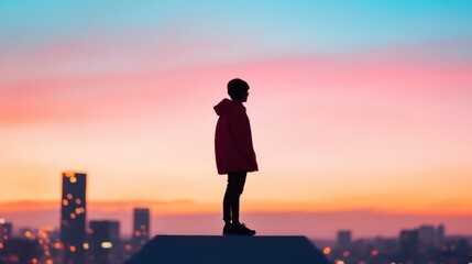 Wall Mural - A person standing on a rooftop, looking out at the city skyline, feeling connected to the world through technology.