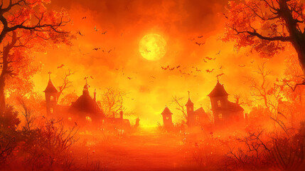 Wall Mural - Spooky silhouette of a haunted village at dusk with a large, full moon.