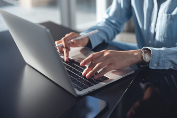 Poster - Casual business woman, freelancer online working on laptop computer at home office. Female student online studying, surfing the internet and searching the information, e-learning