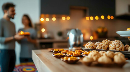 A family gathered around a table filled with traditional Diwali sweets, vibrant rangoli patterns and festive lights in the background, Diwali celebration, family and food