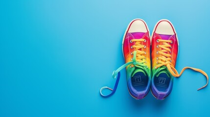 A pair of rainbow-colored sneakers with mismatched laces displayed on a bright blue background. The playful and lively design makes these shoes a great choice for promoting youthful and trendy fashion