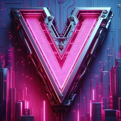 Wall Mural - Futuristic neon pink letter V on futuristic city background.