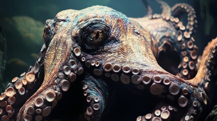 Close-up of a colorful octopus in underwater setting showcasing intricate details of its tentacles and texture.