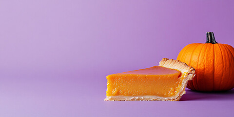 Sticker - Banner with slice of pumpkin pie with orange pumpkin on purple violet background with copy space