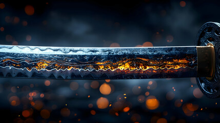 Wall Mural - 3D Render of a Steel Katana Blade with Fiery Details