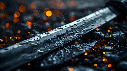 Wall Mural - Closeup of a Wet Sword Blade with Bokeh Lights