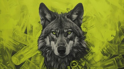 Intense and captivating digital art of a wolf set against a neon yellow background. The fierce expression and high-contrast colors create a powerful and modern image, ideal for bold and edgy projects.