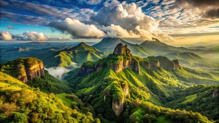 Wall Mural - Dramatic vista of rugged, sun-kissed mountains in El Salvador, with lush green forests, rocky outcroppings, and misty clouds hovering above the scenic landscape.