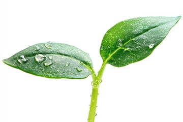 Close-up of a small, green plant sprout with water droplets on its leaves, isolated on a white background.